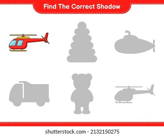 Encuentra la sombra correcta. Buscar y coincidir con la sombra correcta del helicóptero. Juego infantil educativo, hoja de cálculo imprimible, ilustración vectorial