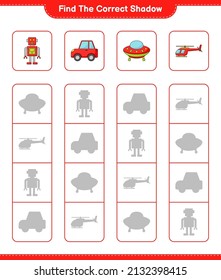 Find the correct shadow. Find and match the correct shadow of Helicopter, Ufo, Robot Character, and Car. Educational children game, printable worksheet, vector illustration