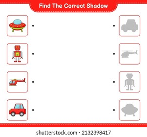 Encuentra la sombra correcta. Busque y coincida con la sombra correcta de Helicopter, Ufo, Robot Character y Car. Juego infantil educativo, hoja de cálculo imprimible, ilustración vectorial