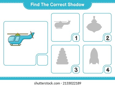 Find the correct shadow. Find and match the correct shadow of Helicopter. Educational children game, printable worksheet, vector illustration