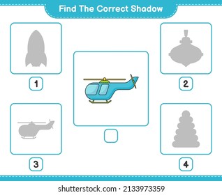 Find the correct shadow. Find and match the correct shadow of Helicopter. Educational children game, printable worksheet, vector illustration