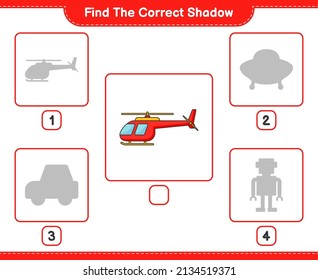 Encuentra la sombra correcta. Buscar y coincidir con la sombra correcta del helicóptero. Juego infantil educativo, hoja de cálculo imprimible, ilustración vectorial