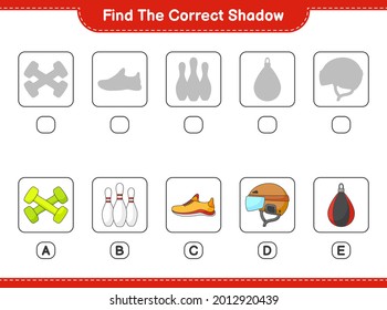 Find the correct shadow. Find and match the correct shadow of Hockey Helmet, Running Shoes, Bowling Pin, Dumbbell and Punching Bag. Educational children game