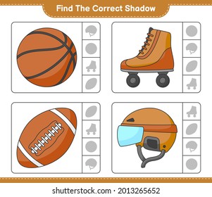 Find the correct shadow. Find and match the correct shadow of Hockey Helmet, Roller Skate, Basketball, and Soccer Ball. Educational children game, printable worksheet, vector illustration