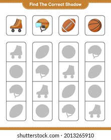 Find the correct shadow. Find and match the correct shadow of Hockey Helmet, Roller Skate, Basketball, and Soccer Ball. Educational children game, printable worksheet, vector illustration