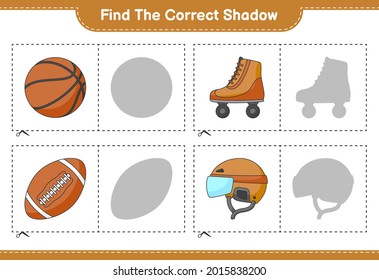 Find the correct shadow. Find and match the correct shadow of Hockey Helmet, Roller Skate, Basketball, and Soccer Ball. Educational children game, printable worksheet, vector illustration