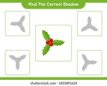 Find the correct shadow. Find and match the correct shadow of Holly Berries. Educational children game, printable worksheet, vector illustration