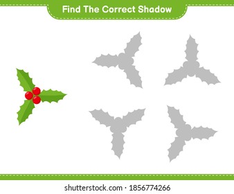 Find the correct shadow. Find and match the correct shadow of Holly Berries. Educational children game, printable worksheet, vector illustration