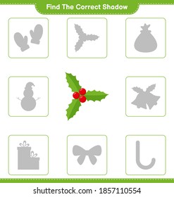 Encuentra la sombra correcta. Encuentra y coincide con la sombra correcta de Holly Berries. Juego infantil educativo, hoja de cálculo imprimible, ilustración vectorial