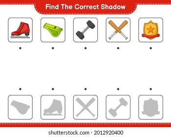 Encuentra la sombra correcta. Encuentra y combina la sombra correcta de los patines de hielo, el Silbato, el Dumbbell, el Bate de Béisbol y el Trofeo. Juego infantil educativo