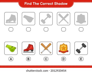 Find the correct shadow. Find and match the correct shadow of Ice Skates, Whistle, Dumbbell, Baseball Bat, and Trophy. Educational children game