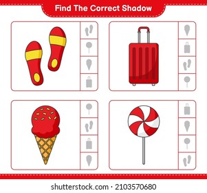 Find the correct shadow  Find   match the correct shadow Ice Cream  Flip Flop  Travel Bag    Candy  Educational children game  printable worksheet  vector illustration