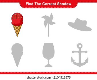 Find the correct shadow. Find and match the correct shadow of Ice Cream. Educational children game, printable worksheet, vector illustration