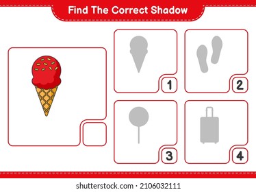 Find the correct shadow. Find and match the correct shadow of Ice Cream. Educational children game, printable worksheet, vector illustration
