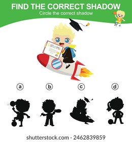 Find the correct shadow. Match the image with the shadow. Worksheet for kid. Educational printable worksheet. Simple gaming level for preschool kids. Vector illustration.