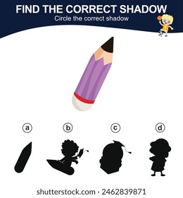 Find the correct shadow. Match the image with the shadow. Worksheet for kid. Educational printable worksheet. Simple gaming level for preschool kids. Vector illustration.