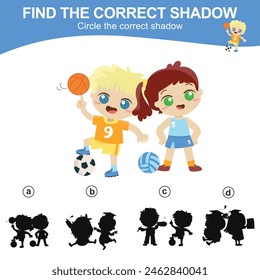 Find the correct shadow. Match the image with the shadow. Worksheet for kid. Educational printable worksheet. Simple gaming level for preschool kids. Vector illustration.