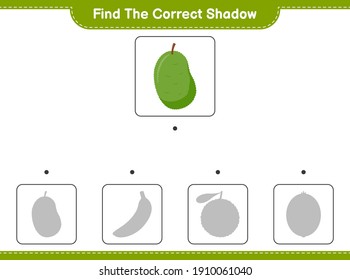 Find the correct shadow. Find and match the correct shadow of Jackfruit. Educational children game, printable worksheet, vector illustration