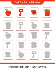 Find the correct shadow. Find and match the correct shadow of Jam, Coffee Cup, Apple, Scarf. Educational children game, printable worksheet, vector illustration