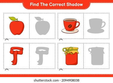 Find the correct shadow. Find and match the correct shadow of Jam, Coffee Cup, Apple, Scarf. Educational children game, printable worksheet, vector illustration