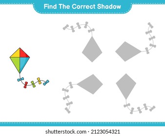 Encuentra la sombra correcta. Buscar y coincidir con la sombra correcta de Kite. Juego infantil educativo, hoja de cálculo imprimible, ilustración vectorial