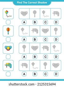Find the correct shadow. Find and match the correct shadow of Kite, Water Gun, Baby Rattle, and Pacifier. Educational children game, printable worksheet, vector illustration