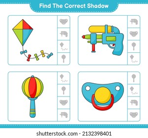 Encuentra la sombra correcta. Encuentra y coincide con la sombra correcta de Kite, Water Gun, Baby Rattle y Pacifier. Juego infantil educativo, hoja de cálculo imprimible, ilustración vectorial