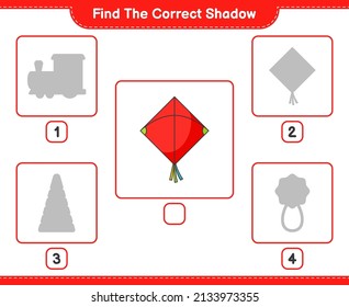 Find the correct shadow. Find and match the correct shadow of Kite. Educational children game, printable worksheet, vector illustration