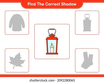Find the correct shadow. Find and match the correct shadow of Lantern. Educational children game, printable worksheet, vector illustration