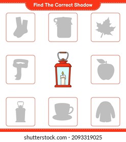 Find the correct shadow. Find and match the correct shadow of Lantern. Educational children game, printable worksheet, vector illustration