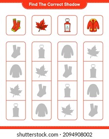 Find the correct shadow. Find and match the correct shadow of Lantern, Socks, Warm Clothes, Maple Leaf. Educational children game, printable worksheet, vector illustration