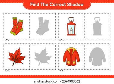 Find the correct shadow. Find and match the correct shadow of Lantern, Socks, Warm Clothes, Maple Leaf. Educational children game, printable worksheet, vector illustration