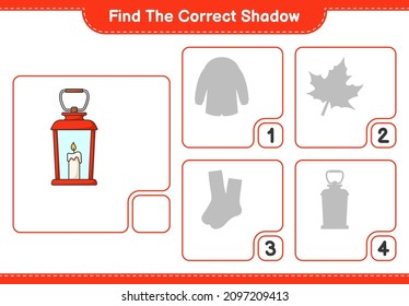 Find the correct shadow. Find and match the correct shadow of Lantern. Educational children game, printable worksheet, vector illustration