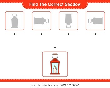 Find the correct shadow. Find and match the correct shadow of Lantern. Educational children game, printable worksheet, vector illustration