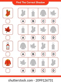 Find the correct shadow. Find and match the correct shadow of Lantern, Socks, Warm Clothes, Maple Leaf. Educational children game, printable worksheet, vector illustration