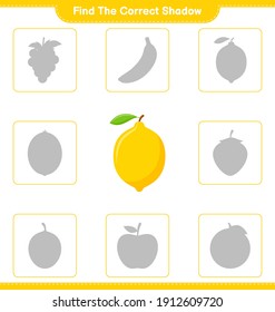 Find the correct shadow. Find and match the correct shadow of Lemon. Educational children game, printable worksheet, vector illustration