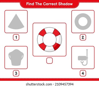Find the correct shadow. Find and match the correct shadow of Lifebuoy. Educational children game, printable worksheet, vector illustration