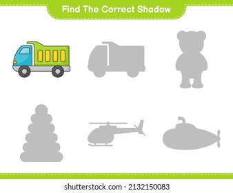 Find the correct shadow. Find and match the correct shadow of Lorry. Educational children game, printable worksheet, vector illustration