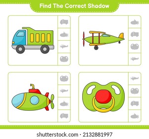Find the correct shadow. Find and match the correct shadow of Lorry, Plane, Submarine, and Pacifier. Educational children game, printable worksheet, vector illustration