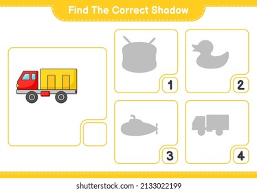 Find the correct shadow. Find and match the correct shadow of Lorry. Educational children game, printable worksheet, vector illustration