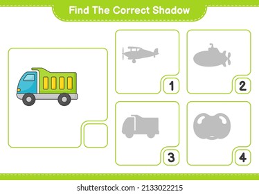Finden Sie den richtigen Schatten. Finden Sie den richtigen Schatten von Truck und passen Sie ihn an. Kinderspiel, druckbares Arbeitsblatt, Vektorgrafik