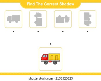 Finden Sie den richtigen Schatten. Finden Sie den richtigen Schatten von Truck und passen Sie ihn an. Kinderspiel, druckbares Arbeitsblatt, Vektorgrafik