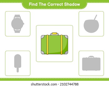 Encuentra la sombra correcta. Buscar y coincidir con la sombra correcta del equipaje. Juego infantil educativo, hoja de cálculo imprimible, ilustración vectorial