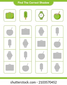 Encuentra la sombra correcta. Encuentra y combina la sombra correcta de las maletas, el helado, el coco y los relojes. Juego infantil educativo, hoja de cálculo imprimible, ilustración vectorial