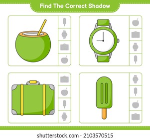 Find the correct shadow. Find and match the correct shadow of Luggage, Ice Cream, Coconut, and Watches. Educational children game, printable worksheet, vector illustration