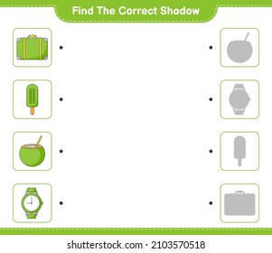 Find the correct shadow. Find and match the correct shadow of Luggage, Ice Cream, Coconut, and Watches. Educational children game, printable worksheet, vector illustration