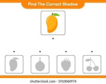 Find the correct shadow. Find and match the correct shadow of Mango. Educational children game, printable worksheet, vector illustration