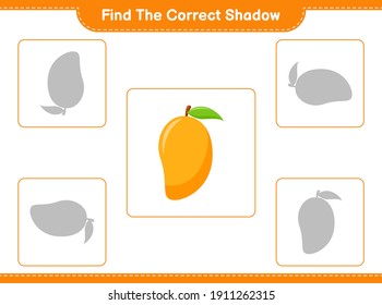 Find the correct shadow. Find and match the correct shadow of Mango. Educational children game, printable worksheet, vector illustration