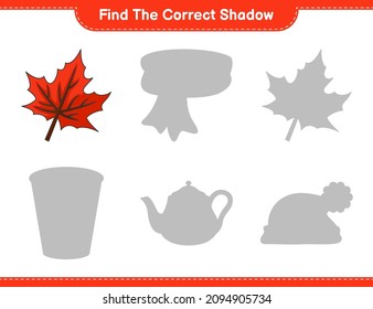 Find the correct shadow. Find and match the correct shadow of Maple Leaf. Educational children game, printable worksheet, vector illustration