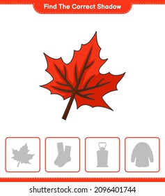 Find the correct shadow. Find and match the correct shadow of Maple Leaf. Educational children game, printable worksheet, vector illustration